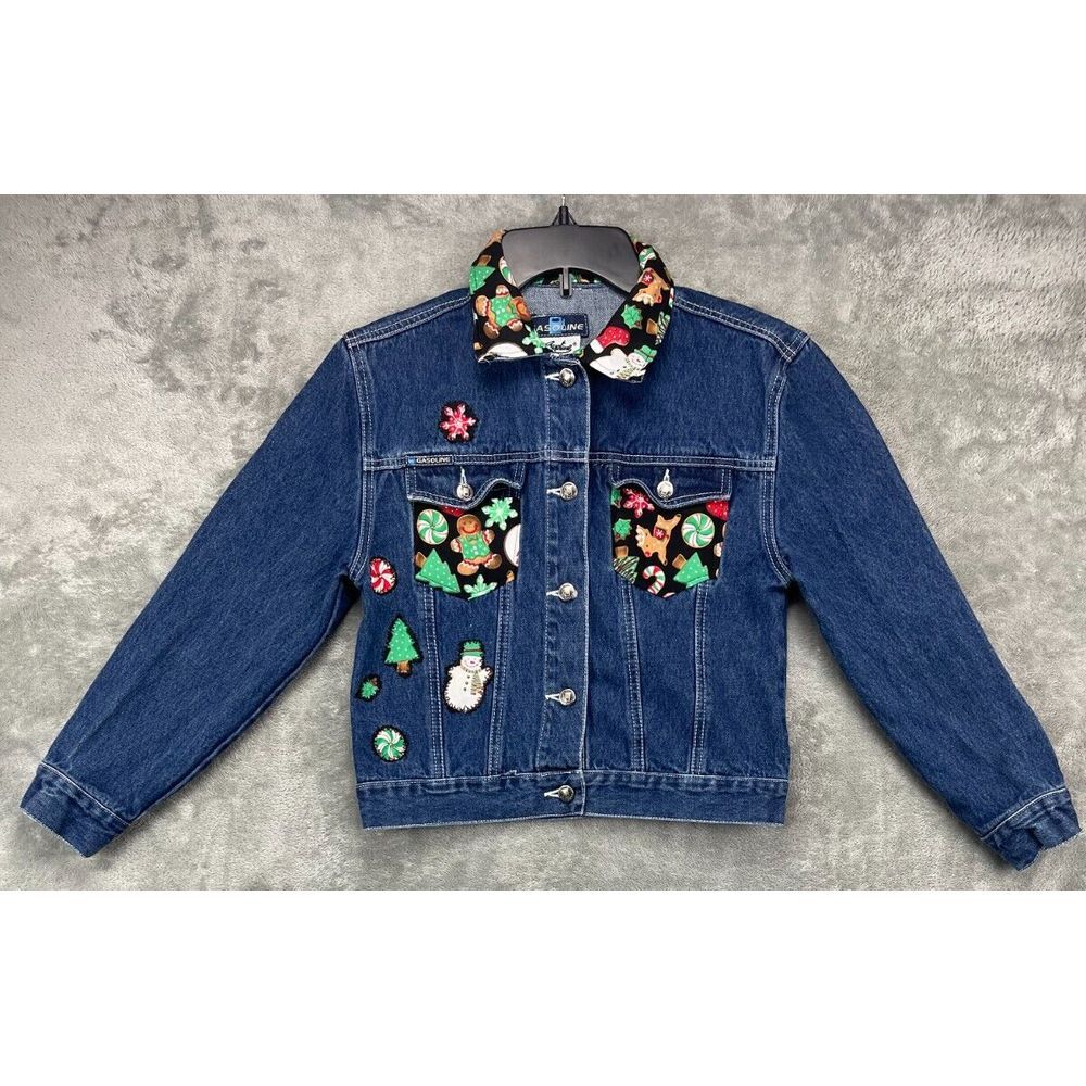 Gasoline Girl's Denim Jacket Size‎ Medium Blue Christmas Cookies